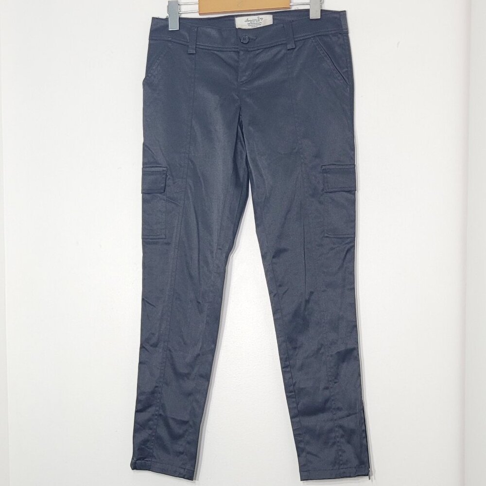 American Rag Black Cargo Pockets Cotton Blend Satin Straight Zip Bottom Pant 3